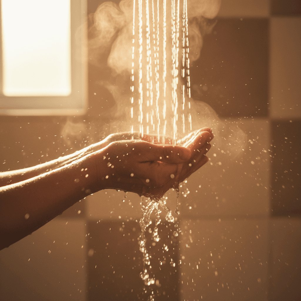 Warm water flowing over hands in gentle shower