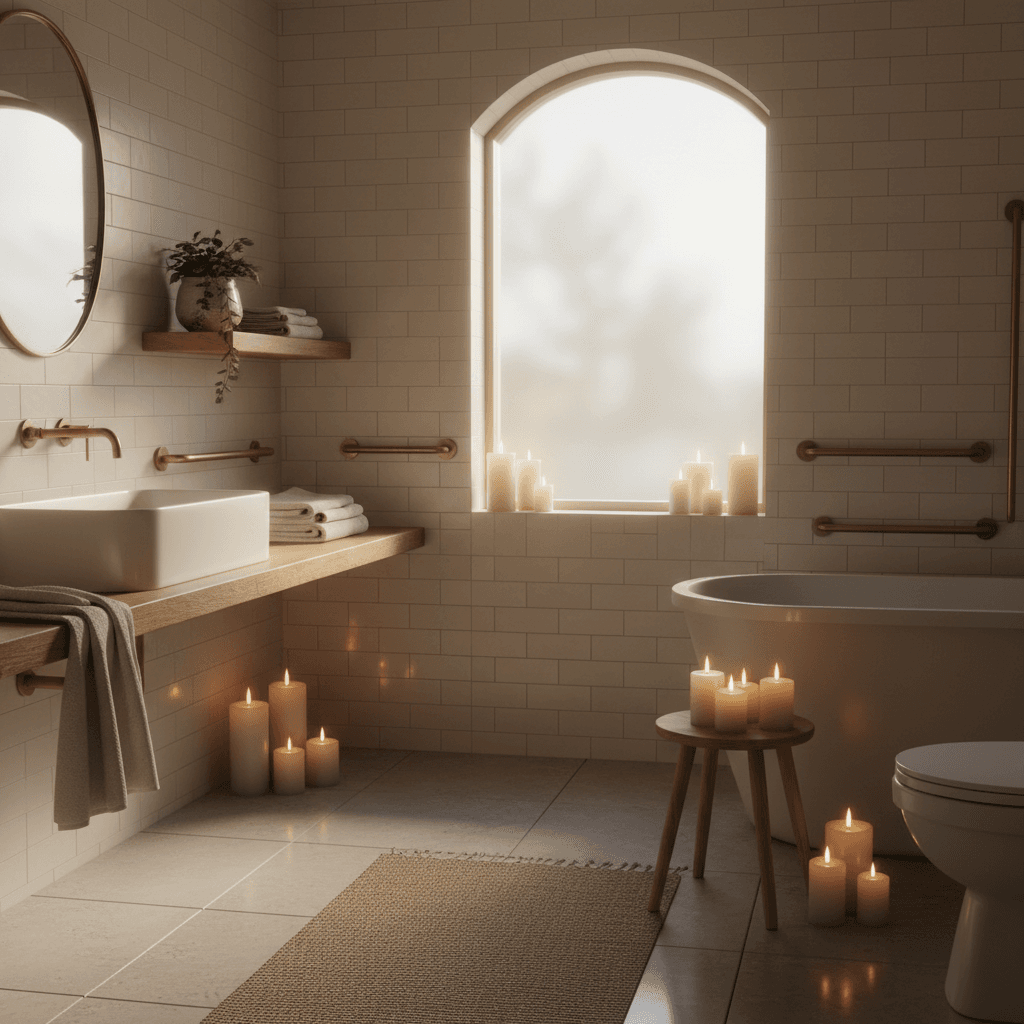 Accessible bathroom with safety features and warm lighting